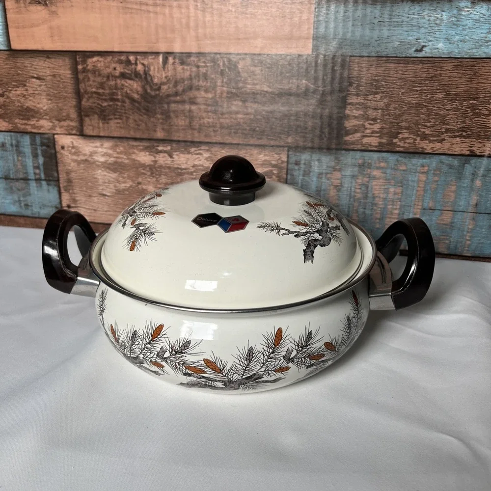 Vintage Enamel Cooking Bean Pots‎ With Lids Douglas Fir Pine Cone Design